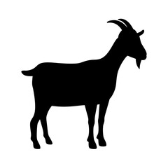Silhouette of a Standing Goat with Horns and Beard in Black