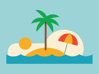Tropical Island Paradise Scene with Palm Tree Beach Umbrella and Ocean Waves