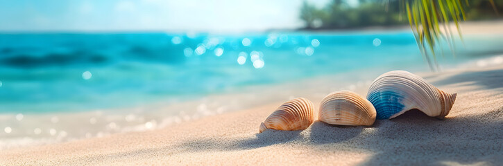 Obraz premium Sunny tropical beach with turquoise water, summer holidays vacation background, seashells in sand, palm tree on the beach