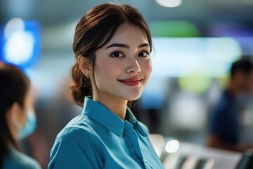 Fototapeta premium Smiling young woman in a blue uniform stands confidently at a customer service desk, showcasing friendly demeanor and professional environment in a busy setting