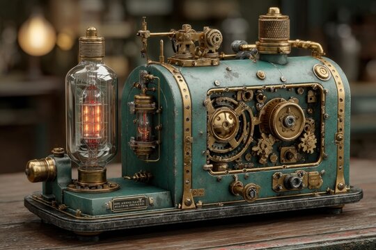 Intricate steampunk machine with glowing vacuum tubes and gears.