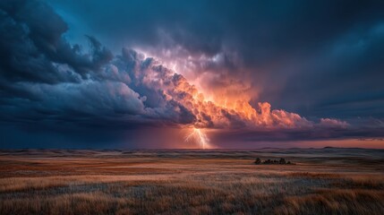Obraz premium Intense lightning storm over vast golden field at sunset.