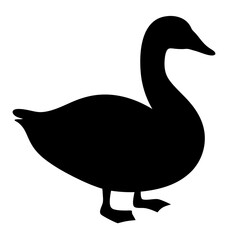 Simple silhouette of a goose in stark black against a white background
