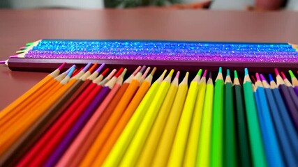 Bright colorful pencils arranged in a vibrant rainbow array, creating an eye-catching spectrum of colors for art and creativity projects - Powered by Adobe