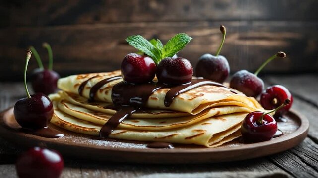 Yummy pancake adorned with chocolate sauce and cherries.