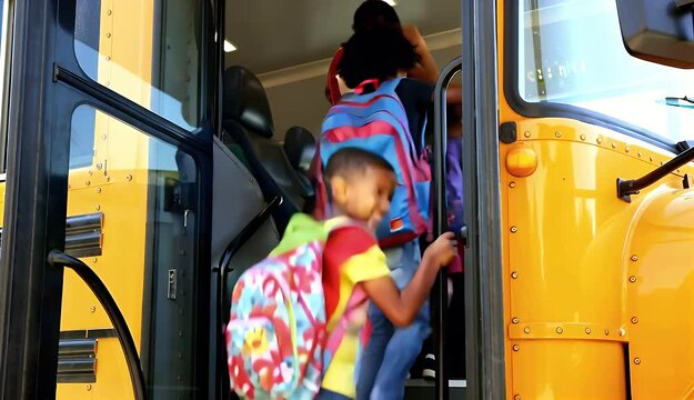 Children boarding school bus, sunny day.