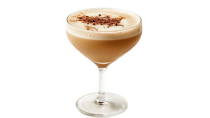 A close-up of a creamy coffee cocktail served in a stylish glass with chocolate garnish