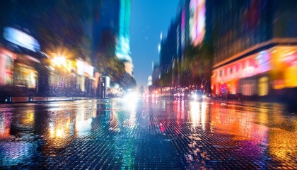 Obraz premium vibrant nighttime city street reflecting colorful light in the rain with blurred background