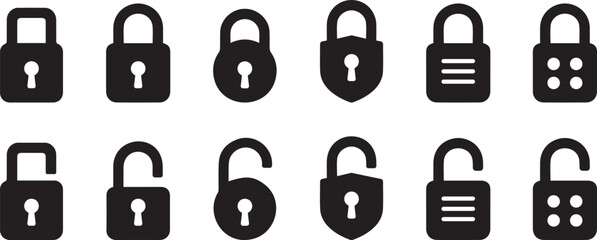Padlock silhouette set – collection of closed and open lock security symbol  © creatix