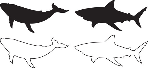 Whale and Shark silhouette set – different species of aquatic predators black and outline version