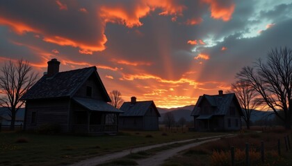 gothic inspired scene with darkened, dilapidated huts set against a cloudy, orange hued sunset sky