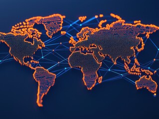 A digital world map with glowing orange dots and blue lines representing global connectivity on a dark background.