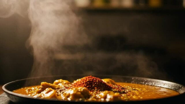 Spicy Curry Simmering: A close-up shot of a steaming skillet filled with a rich, aromatic curry, sprinkled with a vibrant blend of spices. The warm.