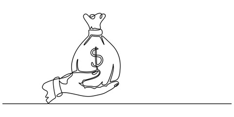 Continuous one line drawing hand with bag money. Vector illustration finance concept line art, outline silhouette, Hand holding money bag with coins stack continuous one line drawing. Business concept