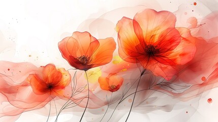A Beautiful Watercolor Painting of Vibrant Orange Poppies with Subtle Background Hues and Delicate Details