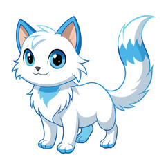 A small, fluffy white kitten with striking blue eyes walks to the right with white background