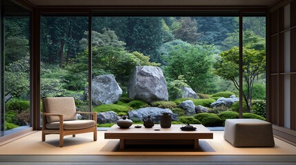 Tranquil Japanese-style living room overlooking a lush garden.  Modern, serene, zen