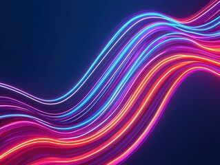 Colorful neon light trails curve smoothly across a dark blue background, creating an abstract, vibrant wave pattern.