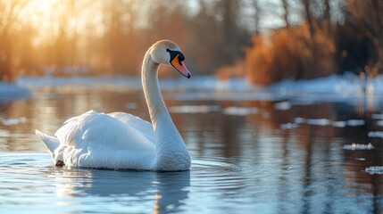 Fototapeta premium Swan swimming peacefully in light blue water