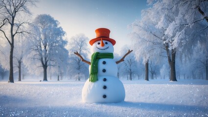 Obraz premium A cheerful snowman surrounded by a winter landscape.