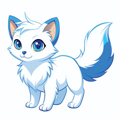 A small, fluffy white kitten with striking blue eyes walks to the right with white background