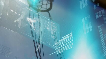 Sunlight entering window causing hologram data panels emerging behind dreamcatcher swinging in view - Powered by Adobe