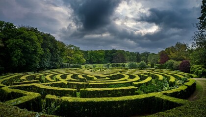 Naklejka premium lush green maze in a serene forest under dramatic cloudy sky perfect for outdoor exploration