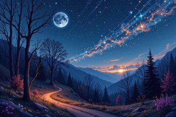 Fototapeta premium celestial inspired scene with a starry night sky and a glowing woodland path