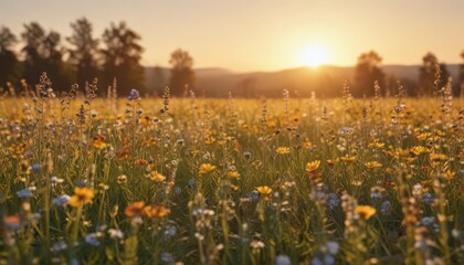 Sunlit field, wildflowers, golden hour, blurred background, photography, red