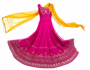 Vibrant pink traditional dress with intricate embroidery and flowing yellow dupatta, elegantly twirling in a bright studio setting