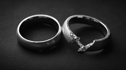 Symbolic monochrome view of broken wedding ring representing damaged commitment
