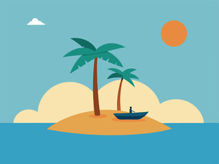 Tranquil Island Scene with Person in Boat Near Palm Trees