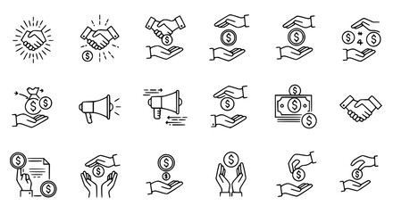 Fototapeta premium Handshake Money Investment Finance Deal Icons Line Art Dealmaking 