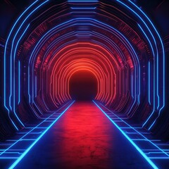 A futuristic neon-lit tunnel with glowing blue and red lights creates a sci-fi atmosphere and sense of depth.