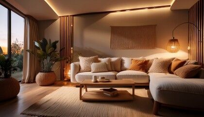 cozy living room with warm lighting a stylish sofa and a decorative pillow creating a serene atmosphere