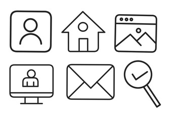 minimal hand-drawn user interface icons set – outline style home, profile, email, gallery, magnifier, website, desktop ui symbols for web and app design