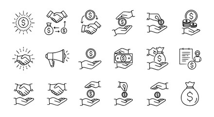 Fototapeta premium Finance Icons: Money Handshake Deal Investment Business Dealmaking 