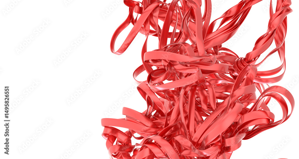 Poster close-up of vibrant red metallic ribbons intricately twisted and tangled. perfect for design, textur