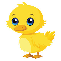 A small, fluffy yellow duckling with big blue eyes and an orange bill stands facing forward with white background