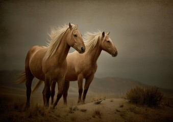 Obraz premium Nostalgic Wild Frontier Vintage-Inspired Mustang Horses in Soft Sepia Landscape - Eco-Minimalist Nature for Premium Editorial Content