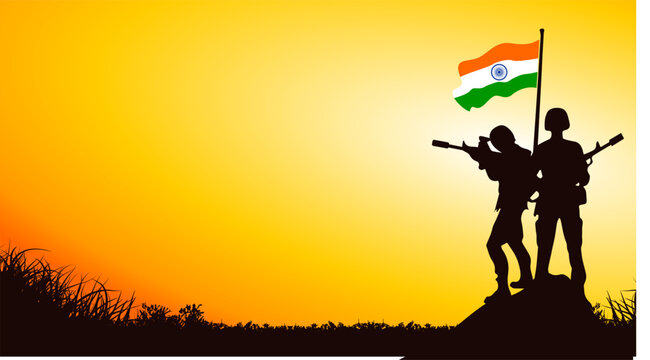 Indian Army Day. Kargil Vijay Diwas. illustration background with silhouette of a soldiers and flag of India - Indian Republic Day - with free Copy space area as background text template 11