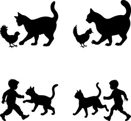 Black Silhouette Depicting Interaction of Boy, Cat, and Chicken Over White Background