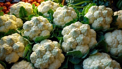 Detailed view of several cauliflowers featuring their green leaves