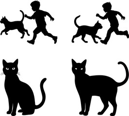 Black silhouettes of children and cats on a white background illustration