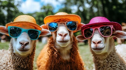 Three sheep wearing hats and sunglasses looking cheerfully at the camera