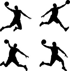 Four Silhouetted Athletes Performing Basketball Dunks Against a White Background Composition
