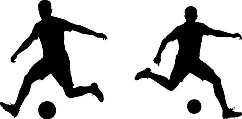 Silhouettes of two soccer players kicking a ball in action pose