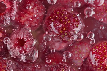 Extreme Macro Photography of the Surface of Ripe Strawberries Surrounded by Bubbles Varient 1