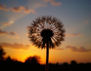 silhouette of a dandelion seed puff against a sunset, with warm, fading colors