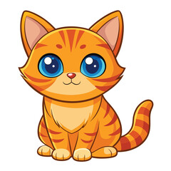 A small, ginger kitten with striking blue eyes sits looking upwards with a sweet expression with white background